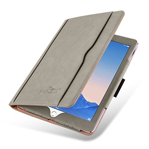 iPad Air, Air 2 & iPad 9.7" 2017 Hülle - JAMMYLIZARD Ledertasche Smart Cover mit Standfuktion für iPad Air (5. & 6. Generation) & iPad 9.7" 2017, OLIVGRAU & HONIG, [MIT STIFT-HALTER]