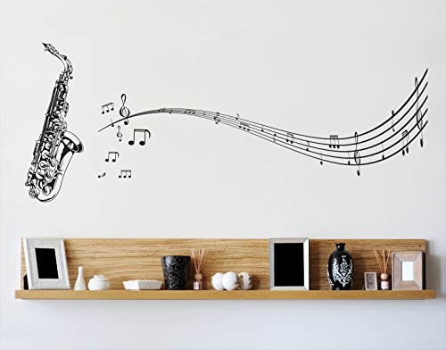 Stickerbrand Vinilo decorativo saxofón con notas musicales Negro