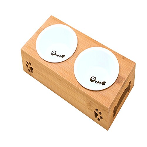 Preisvergleich Produktbild Bambusrahmen Abnehmbare Haustier Hund Schüssel Taidi Jinmao Keramikschale Abnehmbare Reis Schüssel Essen Schüssel Bambus Rahmen Katze Schüssel,Ceramicdoublebowl,M
