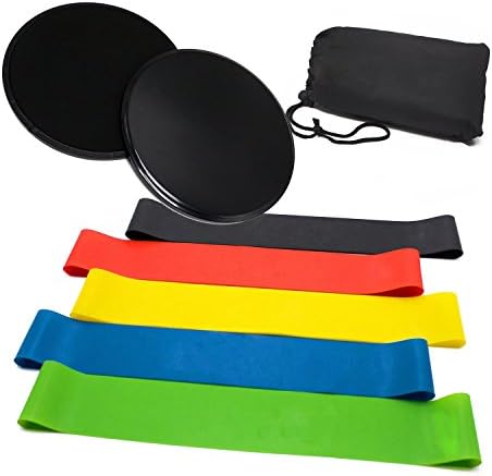 Resistance Loops Exercise Bands and Gliding Discs Core Sliders for Home Workout,Fitness,Pilates,Yoga,Rehab,Physical Therapy with Carry Bag and Instructional Booklet