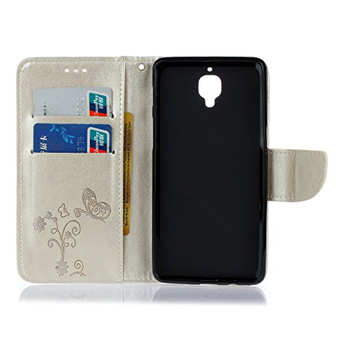 OnePlus 3 / OnePlus 3T Hülle,Cozy Hut ® Schmetterling Series Book Type Slim Fit Soft Silikon Magnetverschluss Schutzhülle PU Leder Hülle Flip Wallet Case Kunst leder Tasche Cover mit Standfunktion und Kartenfächer für OnePlus 3 / OnePlus 3T – golden - 3