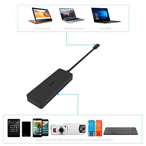 ICZI USB C HUB, 4x USB 3.0 Ports, vernickelt Stecker, schlank Entwurf mehr dünn, für MacBook, Windows Laptop andere USB C kompatibel Geräten, Schwarz - 5