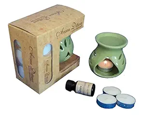 Pure Source India Ceramic Aroma Gift Set with 10 Ml Lemon Grass Aroma Oil and 4 Tea Candles, Coming in Gift Pack (Complete Aroma Gift Set All Together Coming in This Pack) (PGreen Lemon Grass)