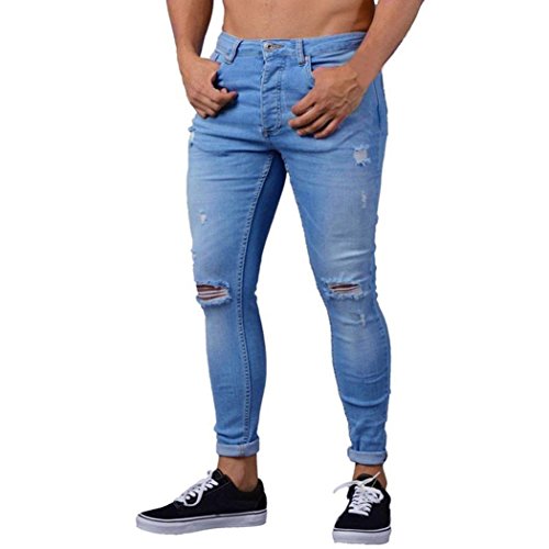 OHQ Jeans Holes Pants Bleu Noir Pantalon en Denim Extensible Skinny pour Homme DéChiré Usé Taille Haute Troué Grande Basse Slim Dechiré Pas Cher Regular (Bleu, M)