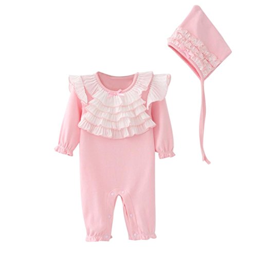 Preisvergleich Produktbild Bekleidung Longra Neugeborenes Baby Mädchen Spitze Strampler Bodysuit Jumpsuit Kleidung Set + Mütze Hüte Baby Langarm Overall Spielanzug Babykleidung (0-18Monate) (50CM 3Monate, Pink)