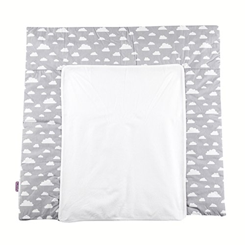 Puckdaddy Wickelauflage Clara - 77x75 cm, Wickelunterlage aus 100% Baumwolle mit Wolken Muster in Grau, weiche Wendeauflage für Wickelkommoden mit abnehmbarem Frotteebezug, waschmaschinengeeignet