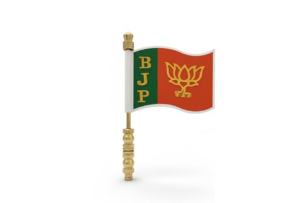 Unicorn Enterprises BJP Car Bonnet Flag – High-Gloss Acrylic with Gold-Tone Embossed Lotus & Metallic Stand |Golden Metal Rod