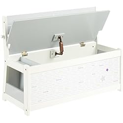 3 en 1 Banc + Coffre à jouets en bois + Porte manteau pour enfants - Motif Etoiles - Coloris GRIS et BLANC