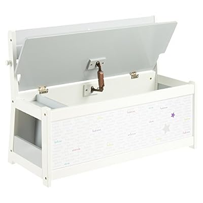Atmosphera 3 en 1 Banc + Coffre à jouets en bois + Porte manteau pour enfants - Motif Etoiles - Coloris GRIS et BLANC