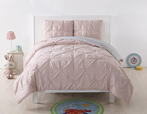 Laura Hart Kids Pleated Solid Blush Reversing to Silver Grey Twin XL Duvet Set - Duvet Cover and Shams Set