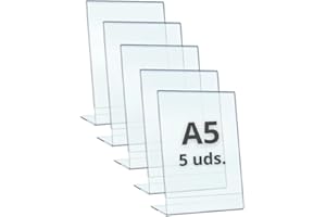 drb derabo Expositor metacrilato transparente a5, pack 5 unidades, soporte sobremesa para carteles A5, porta menú, porta precios, porta fotos para mesa, marco de acrílico transparente.