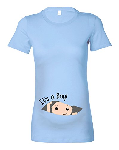 Women's Maternity 'It's a Boy!' Peeking Baby T-Shirt (M - 10/12, Sky Blue - Black Print)