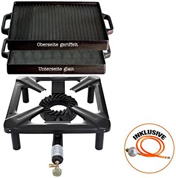 Hob without Safety Pilot with 8.5 KW power; dimensions: 30 x 30 x 15 CM and Gusseisengrillplatte 32 x 32 CM Includes gas hose &amp;Regler