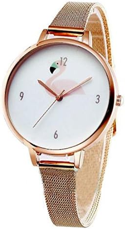Wollways Womens Watches Big Flamingo Dial Quartz Watch - Ladies Luxury Wrist Watch with Alloy Strap Steel Mesh Strap Girls Dress Fashion WristWatch/Silver/Rose Gold