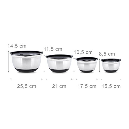 Relaxdays Schüssel Set BOWLY mit Deckel 4er Set D 15,5/17,5/21/25,5 cm Rührschüssel aus Edelstahl oder Salatschüssel als Vorratsbehälter mit Aromaschutzdeckel und Antirutsch Boden, silber-schwarz - 3