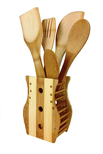 Bambus Kochlöffel 6 er Set im Ständer zur Aufbewahrung aus Holz Küchenhelfer Pfannenwender Löffel