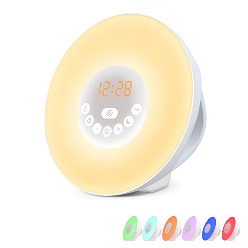 Preisvergleich Produktbild YaFex® Wake Up Licht, Lichtwecker, Sonnenaufgang Sonnenuntergang Simulation, Kinderwecker mit 6 natürlichen Wecktöne, FM Radio, 10 Wählbare Helligkeit & 7 Farben, Touch Control und USB Ladegerät
