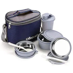 Oliveware Groove Lunch Box | Stainless Steel Range + Blue | Microwave Safe & Leak Proof | 3 Air-Tight Containers + 1 Tumbler with Bag | Keep Food Hot | School, College & Office Use