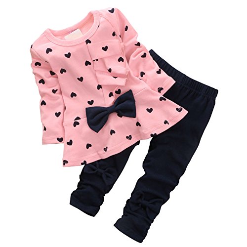 CHIC-CHIC Fille Enfant Ensemble en 2 PCS T-Shirt Longues Manches + Pantalons Blouse Tee Blouse Motif Cœur Noeud Papillon (24-36mois, Rose)