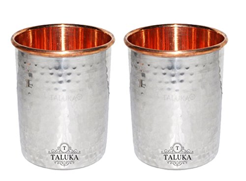 Taluka (4" x 3" Inches) Stainless Steel Copper Hammered Glass 300 ML Round Water Serving Purpose Glass Tumbler Drinkware Good Health Benefits Yoga Ayurveda Pack of 2