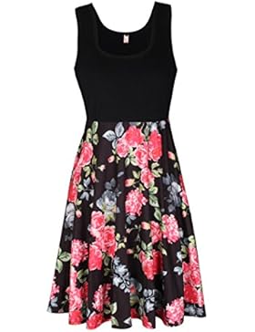 ELFIN® Sommerkleid Knielang Ärmellos Strandkleid Damen Casual Kleid mit Blumendruck Ausgestelltes Floral Dress...