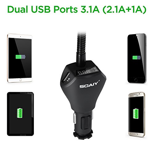 SOAIY Nuova Versione Flex-Porta Cellulare Car Mount Charger da Auto Cigno Accendisigari Supporto Dual USB, 3.1A Caricatore, LED display Tensione Corrente con Rivelatore per iPhone X 8 7 7 Plus