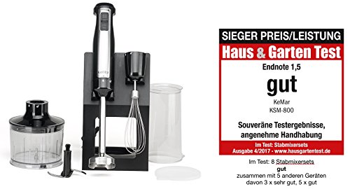 KeMar KSM-800 Basis Stabmixer mit Aufbewahrungsständer, Mixer, Handstabmixer, Food Processor, Küchenmaschine,Titan Klinge, 800 Watt, Schwarz und Edelstahl, Zubehör Set