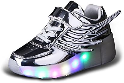 Luckly Grace LED Light up Wheel Roller Skate Shoes with Wings Retractable Outdoor Sport Flashing Sneaker for Boys Girls (11 UK Child, Silver)