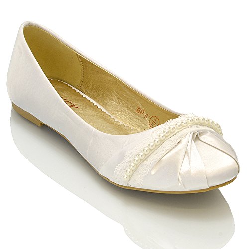 Essex Glamwomens Bridal Shoes Pearl Lace Satin Ladies Flat Ballet