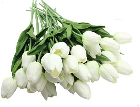 10-heads Home Deocr Mini Tulip Real Touch Tulip Artificial Flowers Bouquets (white) by En Ge