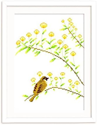 DOMEI Stamped Cross Stitch Kit, A Bird Sits on a Flowering Tree Branch, 11.4 x 14.6 inches