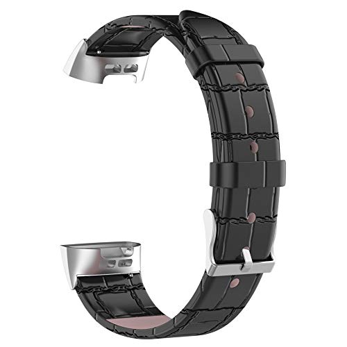 Preisvergleich Produktbild HermosaUKnight Für Fitbit Charge3 Bambus Lederband Krokodilleder Ersatzband Schwarz