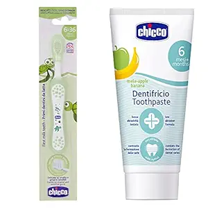 Chicco Toothbrush (Green) & Chicco Toothpaste (Mela-Applebanana), 50ml