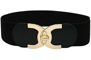 FATASH Women's Wide Elastic Belts With Gold Metal Interlock Buckle | Retro Vintage Fashion Accessories for Classic Dresses & Western Outfits, Daily Wear Corset Style Ladies Stretchy Cinch Waistbands