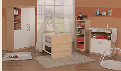 Preisvergleich Produktbild roba Komplett-Kinderzimmer 'Lena', Eiche sägerau / weiß, Babyzimmer Set, inklusive Kombi Kinderbett 70 x 140 cm, schmaler Wickelkommode & 3-türigem Kleiderschrank