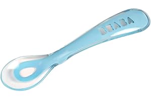 BÉABA, Cuillère en Silicone Bébé / Enfant, 2ème Âge, Dès 10 mois, Souple, Bout arrondi, Manche Ergonomique, Manche court et arrondi, Prise en main facile pour Bébé, Bleu