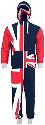 London Couture Mens All Over Union Jack Print Zipper Onesie UK Flag Hooded Jumpsuit Unisex Onesie Pajamas (Medium, Navy)