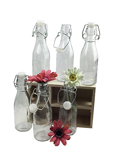 6er Set Glasflaschen / Bügelflaschen im Holz Tablett (z.B. als Vase für Tischdekoration, Gastronomie uvm) - 3