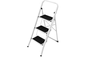 Bakaji Escabeau Pliable carré Gain de Place avec marches antidérapantes et poignée de sécurité, Tabouret Structure en Acier et revêtement en Caoutchouc, Charge maximale 150 kg (3 marches)