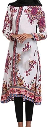 aicessess Women Longline Muslim Abaya Arab Middle East Printing Dress White L