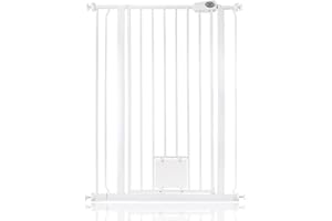 Bettacare Pet Gate with Lockable Cat Flap, 81.4cm - 89cm, White, 104cm in Height, Extra Tall Dog Safety Barrier with Cat Flap, Easy Installation