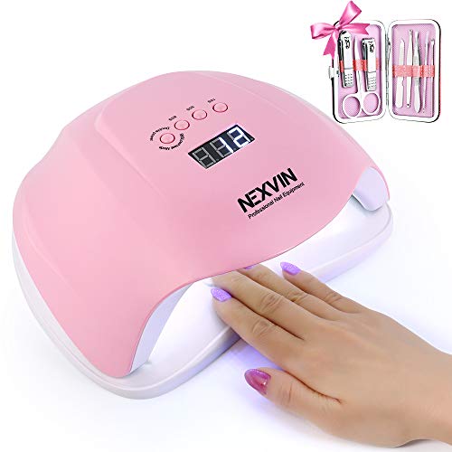 NEXVIN Professional Nail Dryer - 54W/48W Pink Smart Auto-sensing LED UV Nail Lamp with 4 Timer Setting 10/30/60/99s, Detachable Base Design, FREE NAIL TOOL SET