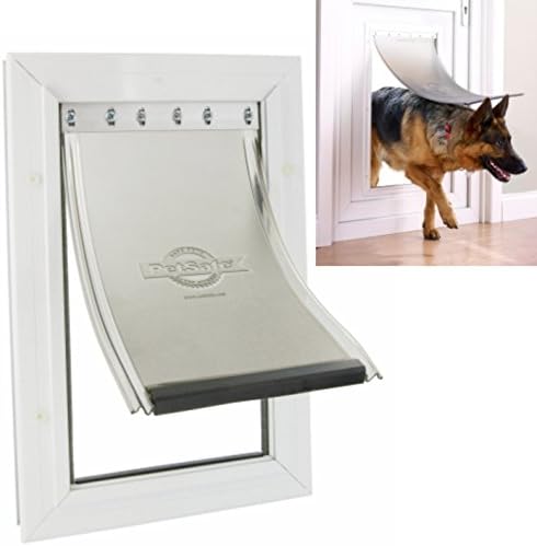 Dog Door Safe and Quiet Panel 70 x 40 cm (Internal Dimensions 64X36 CM) with Aluminium Frame and 2-Way Lock for Large Dogs up to 100kg White Pass (Shoulder Width Max. 35 cm-Safety Door Metal Door Flap Staywell 660