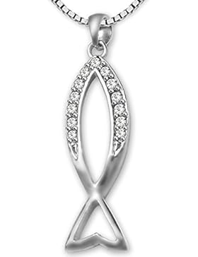 CLEVER SCHMUCK-SET Silberner Anhänger 25 mm Fisch Symbol Ichty mit vielen Zirkonias glänzend und Kette Venezia...
