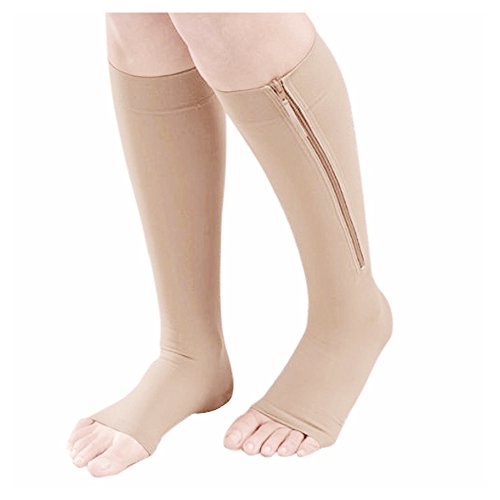 Preisvergleich Produktbild Strumpf - SODIAL(R)Erhoehung Zirkulation Kompression Kniestrumpf Beinstuetzstrumpf Beige Groesse XL