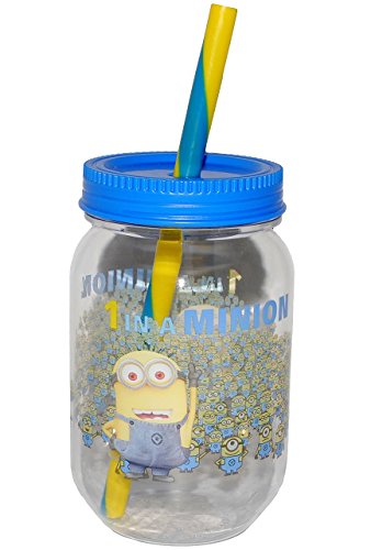 Trinkbecher / Trinkflasche - mit Strohhalm & Deckel - " Minions - Ich einfach unverbesserlich " - 550 ml - Becher / Sommerglas - Trinklernbecher - Plastikbecher - z.B. Limonade Erfrischung Sommer - Smoothie Becher Trinkglas Trinkflasche - Trinkgläser Einmachglas / Einweckglas - Kinder - Mädchen & Jungen - Glasbecher - Minion / Mark Dave Stuart Bob Kevin - Despicable Me