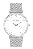 New Trend Unisex Armbanduhr Damen-Uhr Herren-Uhr Analog Quarzwerk Mesh-Armband Textil-Armband Chronograph mit Dornschließe (Metall Silber)