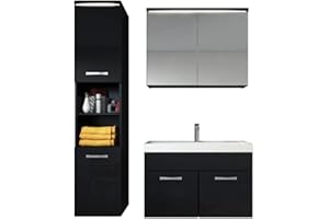 BADPLAATS B.V. Badezimmer Badmöbel Set Paso LED 80cm Waschbecken Hochglanz Schwarz Fronten - Unterschrank Hochschrank Waschbecken Spiegelschrank