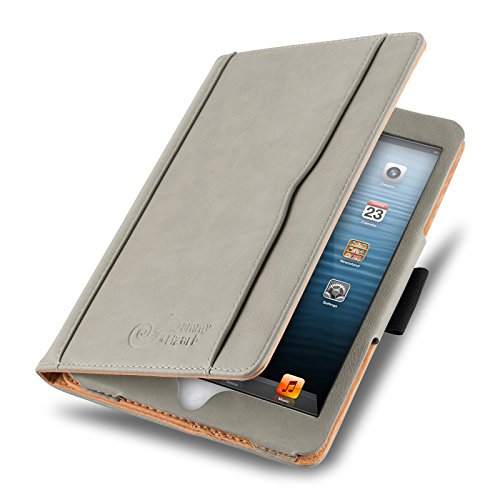 iPad Mini Hülle - JAMMYLIZARD Ledertasche Smart Cover mit Standfunktion für iPad Mini 4. 3. 2. & 1. Generation, OLIVGRAU & HONIG, [MIT STIFT & STIFT-HALTER]