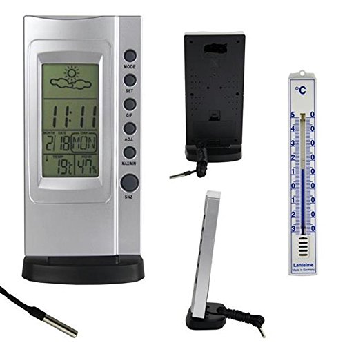 Preisvergleich Produktbild Lantelme Set Digital Innen - Außenthermometer Hygrometer mit Min Max Anzeige und Wettertrend Indikator Wecker, Uhr, Datum und Analog Thermometer